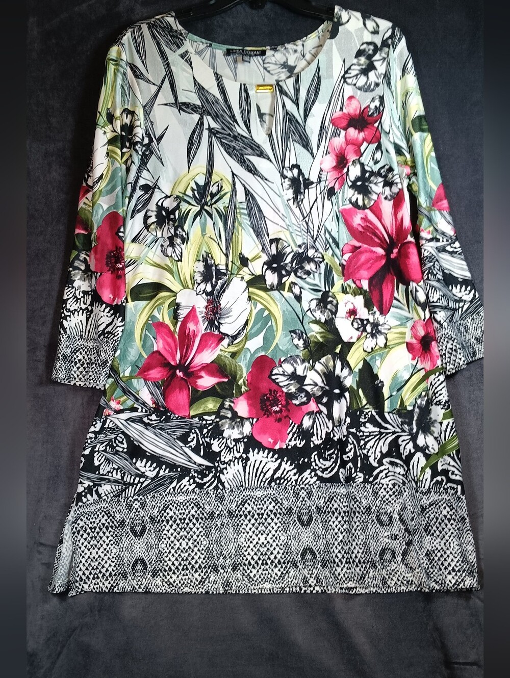 Linea Domani Floral Scoop Neck Dress with Pink & Green Blooms. Split Sides.